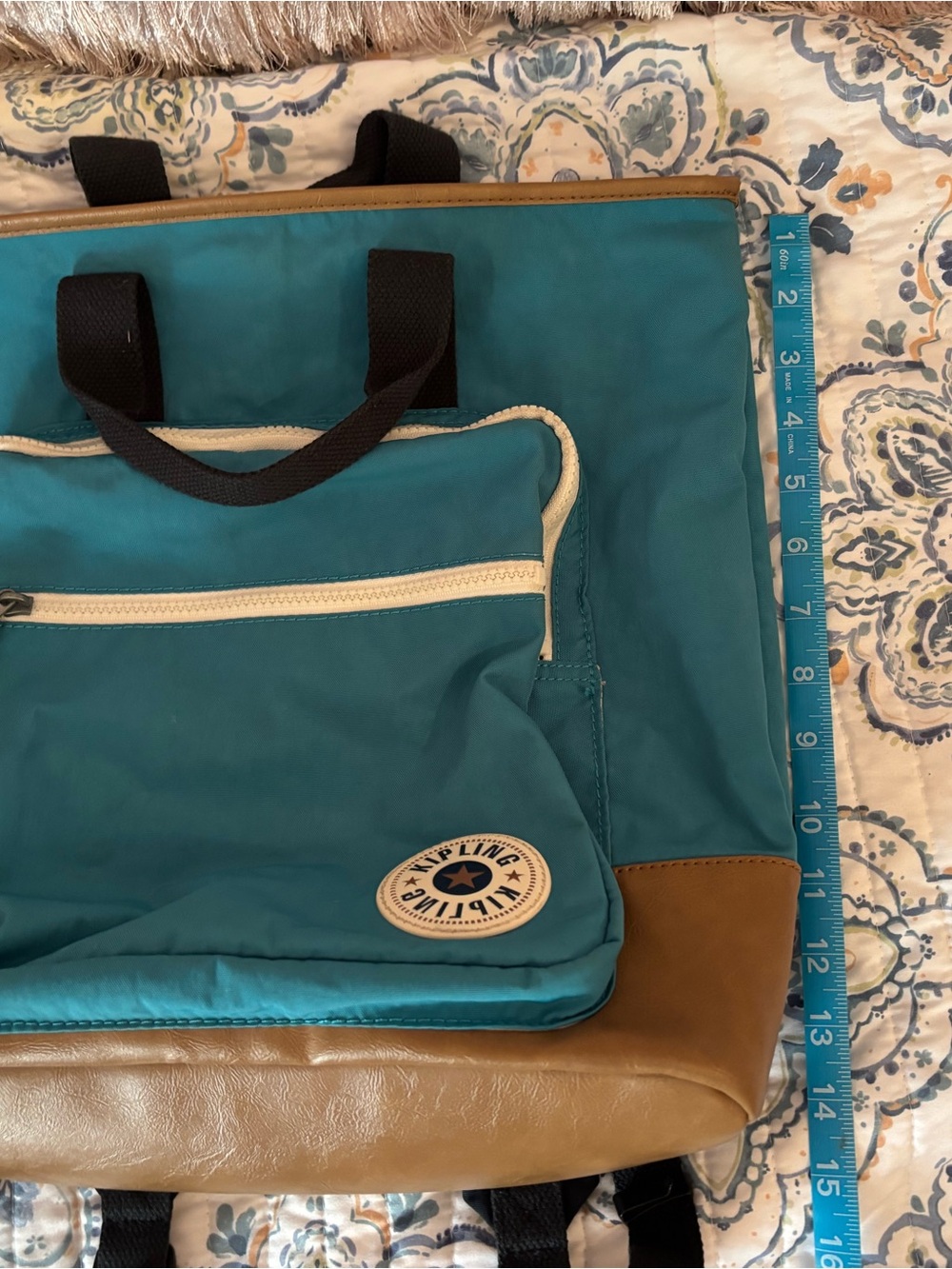 Kipling Teal Backpack Tote with Brown Trim - Picture 3 of 8
